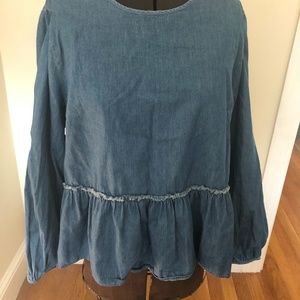 Denim chambray ruffle peplum blouse